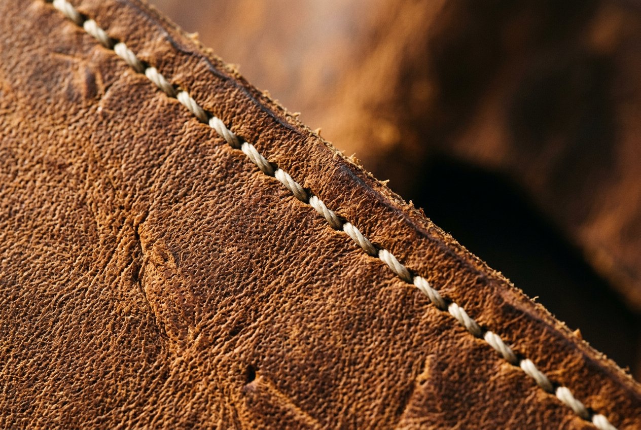 Close-up of full-grain leather with hand-stitched edge
