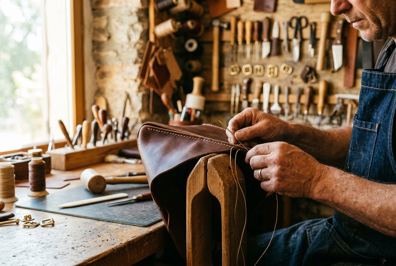 An artisan saddle-stitching a leather edge with two needles and waxed thread