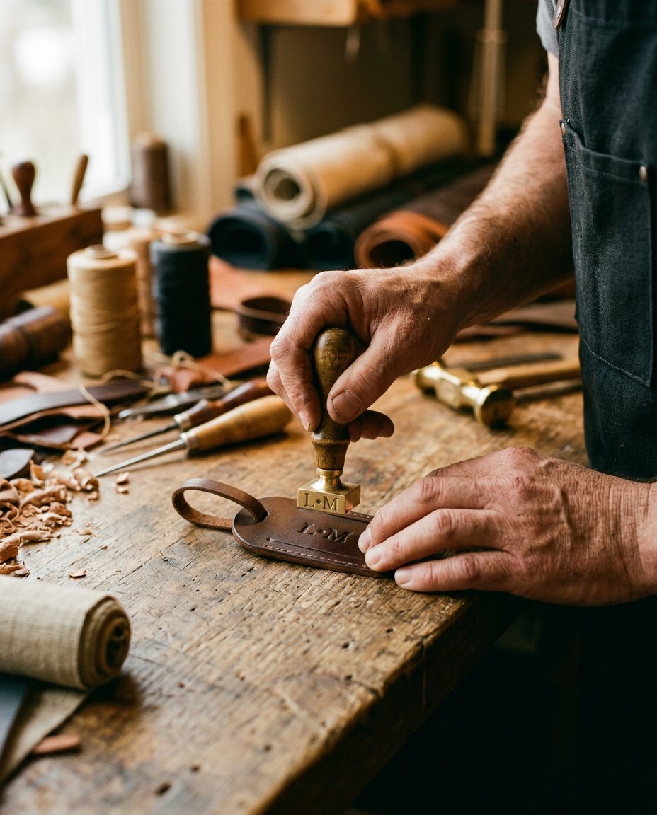 Custom leather — brass monogram stamping in the UHURU workshop