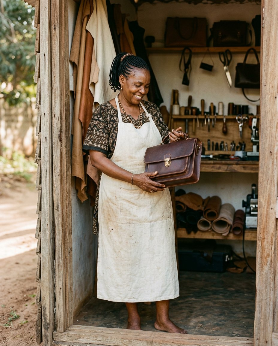 A craftswoman in the UHURU workshop holding a finished handbag