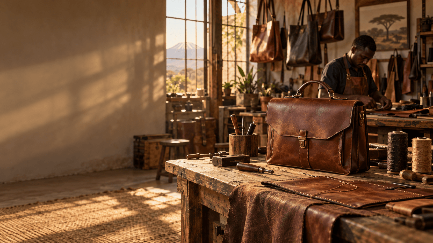 A handcrafted brown leather briefcase on a workbench in the UHURU workshop