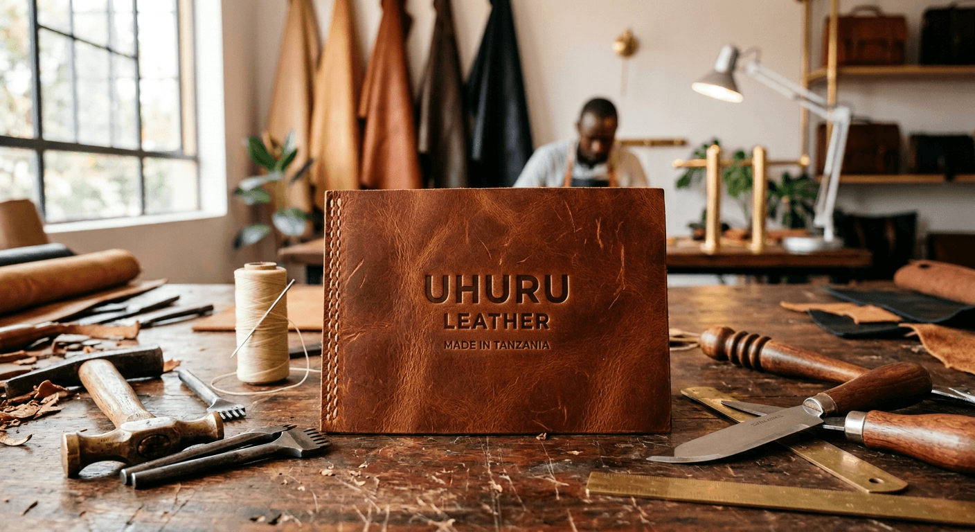 The UHURU workshop — workbench, hides and tools in afternoon light